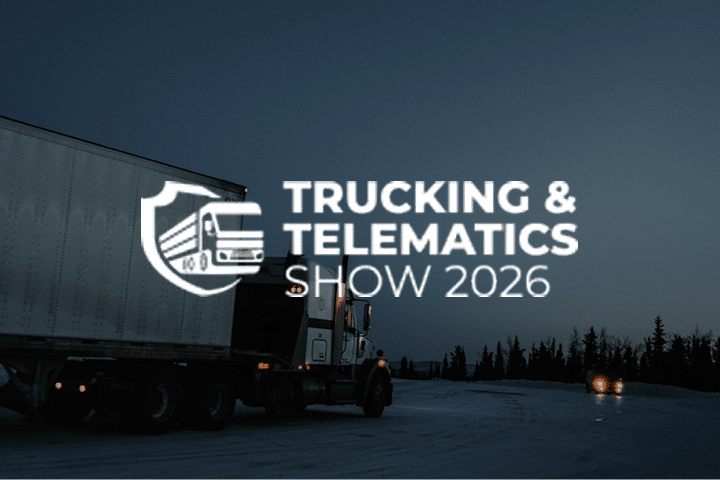 A semi-truck drives on a snowy road at dusk, with the Telematics & Trucking Show 2026 logo and text prominently displayed over the image.