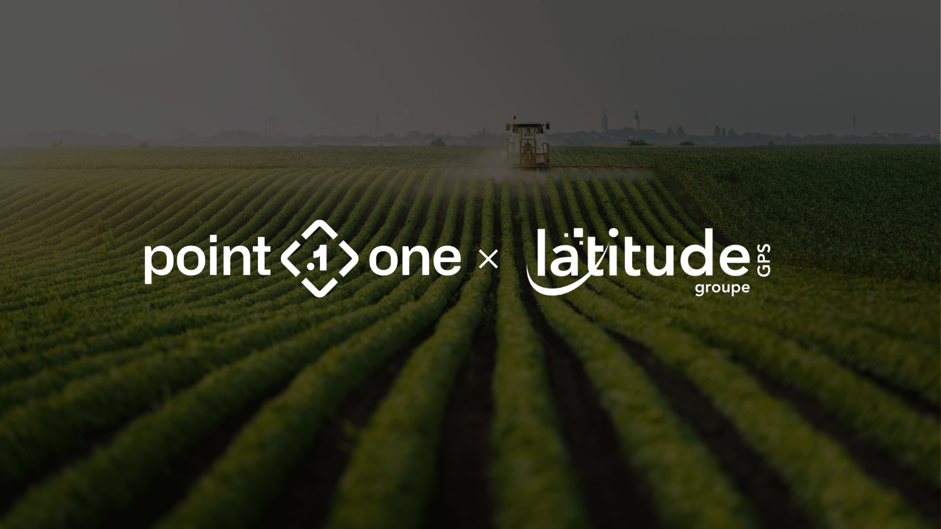 A red tractor drives through green crop rows in a field. Overlaid logos read point one and latitude groupe GPS with white text and design elements on the image.