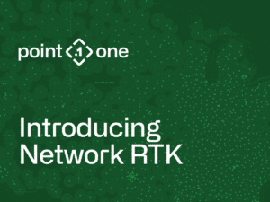 White text on a green background reads point one and Introducing Network RTK, with a subtle map pattern in the background, highlighting the innovative features of network RTK technology.