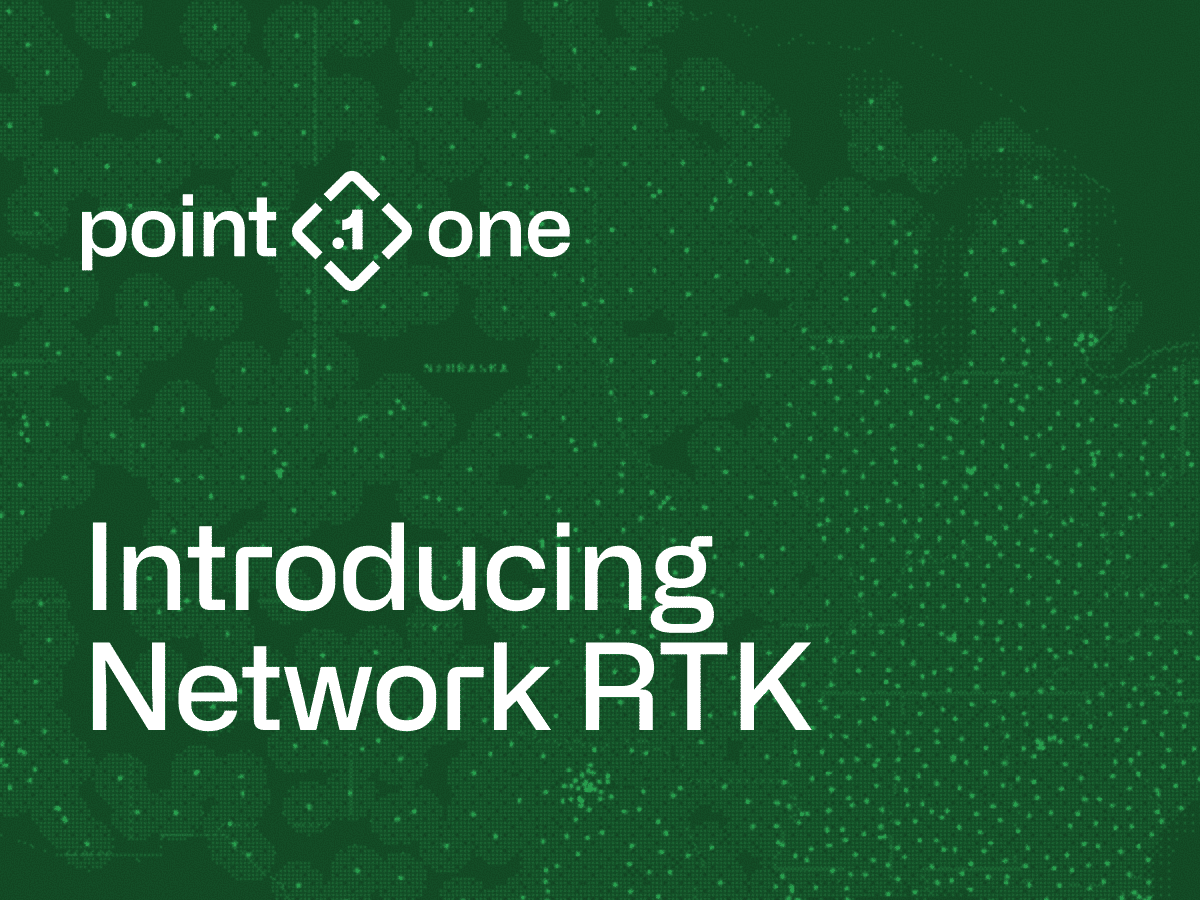 White text on a green background reads point one and Introducing Network RTK, with a subtle map pattern in the background, highlighting the innovative features of network RTK technology.