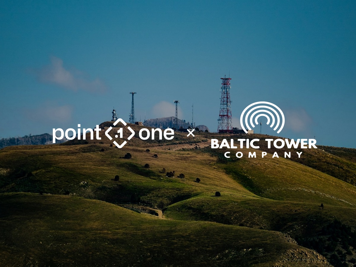 Point One Navigation and Baltic Towers logos overlaid on a landscape of rolling hills and communication towers.